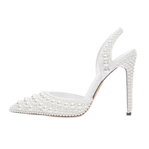 Goolita Pearl Slingback Heels for Women, Pointed Closed Toe Slip On Heeled Sandals Stiletto Heel Evening Bridal Shoes for Wedding2