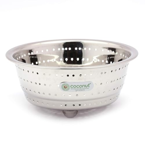 Image of Coconut Stainless Steel Colander Strainer for Kitchen - Large Rice Washer, Fruit & Vegetable Washing Bowl with Handles - Rust-Proof, Heavy-Duty Multipurpose Sieve Basket - Pack of 1 | 18 cm