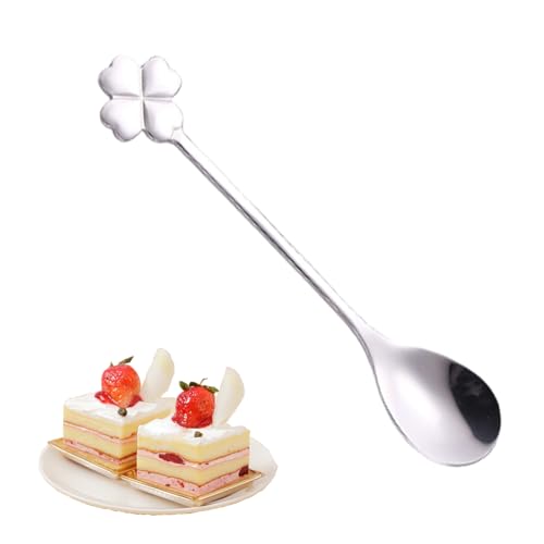 Cucharilla de acero inoxidable - Elegante cuchara de ensalada, cucharada de plata | Cuchara de café de acero inoxidable Cuchara para tartas, cucharadas de plata de mesa de cuatro hojas de trébol para