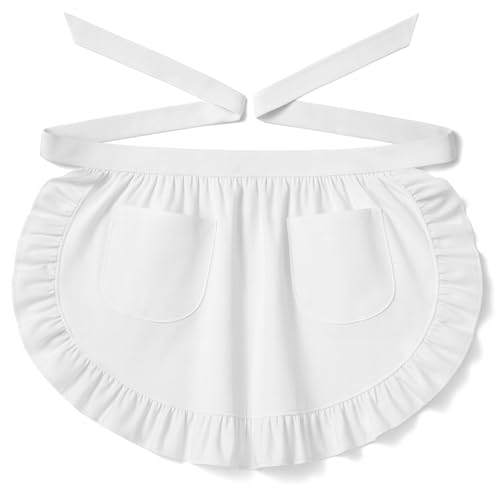 MUNSKT Tabliers de Cuisine Blanc,Taille Basse Tablier en Dentelle,Tablier de Serveuse pour Femmes pour le café, le restaurant, la cuisine