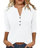 Womens Tops Casual 3/4 Sleeve Shirts V Neck Loose Casual Blouses Summer Tshirts White
