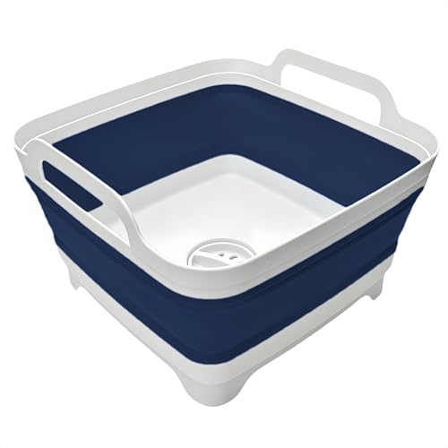 Image of Collapsible Wash Basin 9L, Foldable Dish Tub with Drain Plug, Portable Collapsible Dish Basin, Camping Sink for Washing Dishes, Laundry & Kitchen Use (Navy Blue)