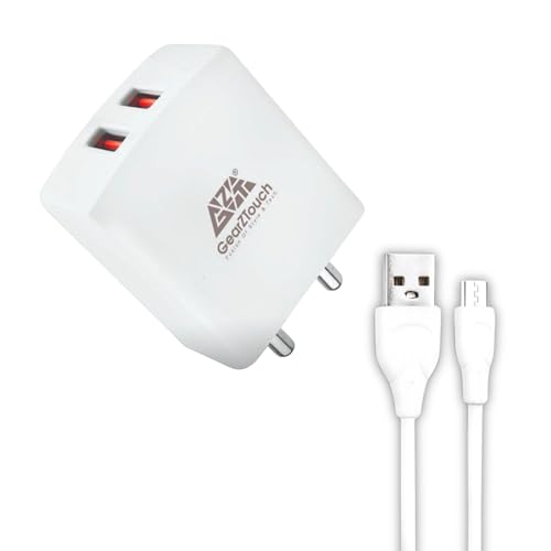 Image of GEARZTOUCH 17W Quick Charge Travel Charger 3.1A Dual Port Fast Mobile Charger with USB to Micro Cable Compatible with All Smartphones- Samsung, Realme, Redmi, Oppo,Vivo (White)