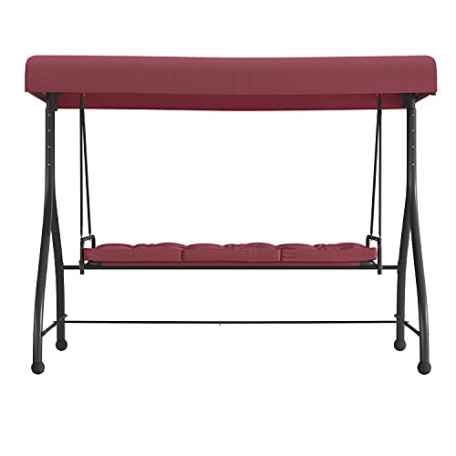 Flash Furniture Tellis 3-Seat Outdoor Steel Converting Patio Swing Canopy Hammock With Cushions / Outdoor Swing Bed (Maroon) #TOP6