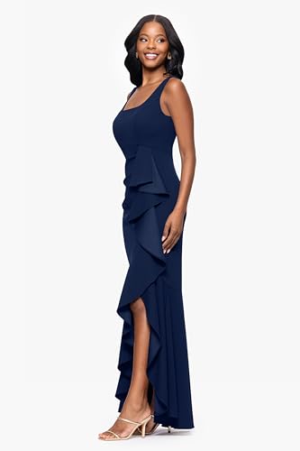 Image of Betsy & Adam Women's Floor-Length, Sleeveless, Ruffle Detail, with Mermaid Silhouette