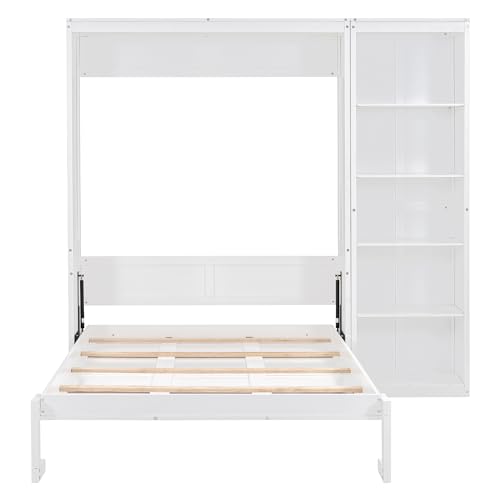 Image of Merax Space-Saving White Murphy Bed Full Size with Adjustable Storage Shelves, Multifunctional Foldable Wall Bed for Small Spaces Studio Study Office Guest Room