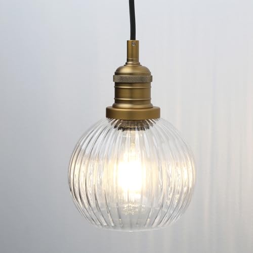 PERMO Vintage Pendant Light with Clear Ribbed Glass Shade Adjustable Height Industrial Hanging Light Gold Modern Chandelier for Kitchen Dining Room Living Room Bedroom