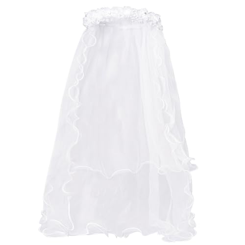 Lystaii Girls Bowknot Rhinestone Flower Veil Girls First Holy Communion Headband Hair Wreath Floral Crown Pearls Crystal Lace Headpiece Veil White for Wedding Party
