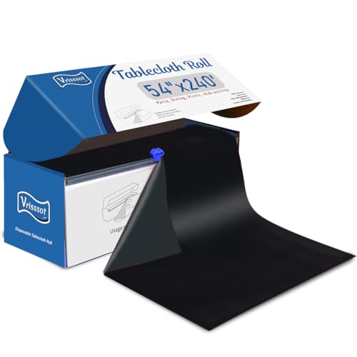 Vrisssot Black Plastic Tablecloth Roll Disposable Tablecloth: 54in X 240ft Black Table Cover with Easy Slide Cutter Plastic Table Cloths for for Picnic, Parties, Festivals