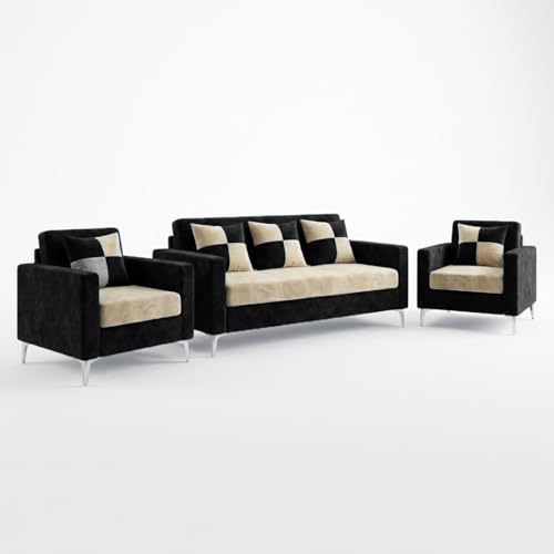 Image of FURNY Lushwood 3 Seater + 1 Seater + 1 Seater Sofa Set (Cream-Black) | Premium Suede Velvet Fabric Finish | Silver Metal Legs | Durable Comfort Sofa for Modern Living Room & Office Spaces