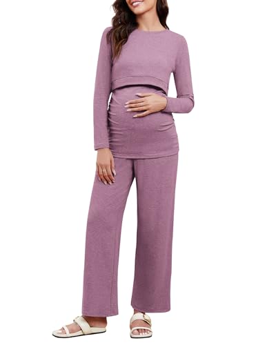 Image of FMEYOA Women's Maternity Nursing Pajamas Set Long Sleeve Top & Pants Postpartum Pajamas Breastfeeding Pregnancy Clothes Purple