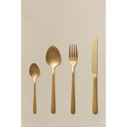 ORION91oficial® - Stainless Steel Cutlery Set, 16 Pieces in Matte Gold, includes 4 knives, 4 forks, 4 spoons, and 4 dessert spoons, durable and dishwasher safe, perfect for elegant dining and everyda…