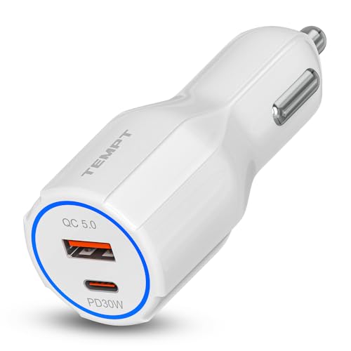 Image of Tempt 60W Thunderbolt Fast Car Charger with Dual Output, 60 Watts Total (30W USB QC 5.0 + 30W Type C PD), Fast Charging, Adapter for iPhone & Android Smartphones and Tablets (White)