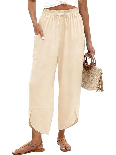 LOMON Women Flowy Pants Drawstring Waist Wide Leg Palazzo Linen