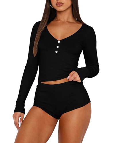 Image of REVETRO Fall Womens 2 Piece Pajama Sets Sexy PJ Shorts Y2k V Neck Long Sleeve Lounge Set Sleepwear with Button Down