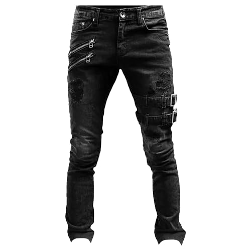 Skinny Jeans Men Men's Distressed Jeans Ripped Punk Gothic Zipper Denim Pants Hip Hop Tapered Leg Slim Fit Jean