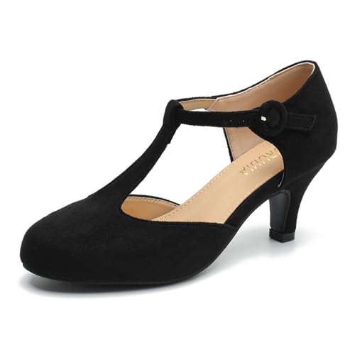 LIURUIJIA Women's T Strap Mary Jane Kitten Heels Pumps Vintage Low Heel Dress Shoes for Wedding Party Work Church Black Suede 8.5