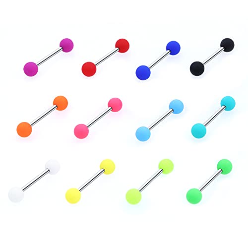 24PCS Acrylic Tongue Rings Plastic Rubber Nipple Rings Neon Colorful Pink White Green Yellow Black Orange Teal Matte Balls Sexy Barbell Piercing Jewelry For Women Men 14G2