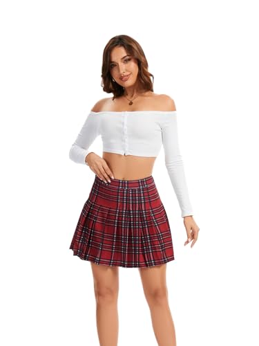 Image of Shestellar Stretchy Short Pleated Skirts for Women Cheerleader Uniform High Waist A-line Mini Skirt Red Plaid XL