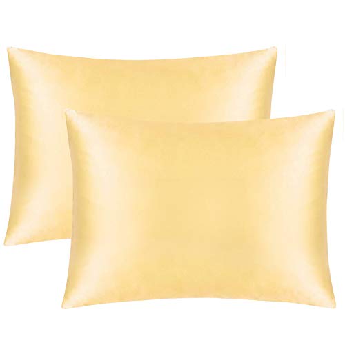 FLXXIE 2 Pack Zipped Satin Standard Pillowcases for Hair and Skin, Silky and Super Soft (20"x26") Zippered Satin Pillow Cases, Yellow, 20x26 InchesOEKO-TEX STANDARD 100