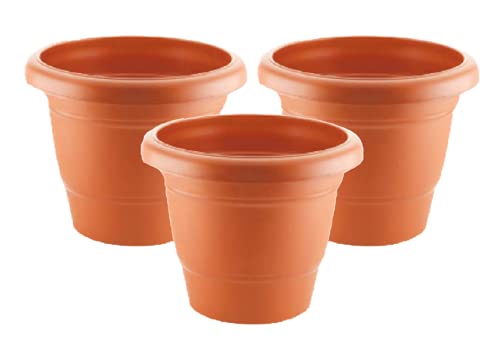 Image of Home Garden Flower Planter Pot Plastic Round Container Teracota Brown- 14 Inch Pack of 3 Piece
