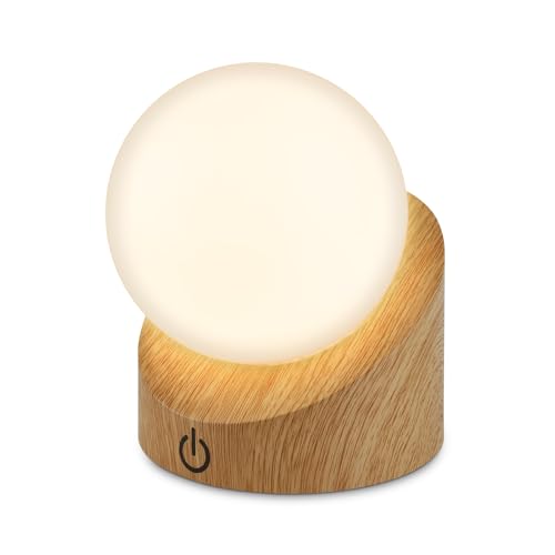 BRILONER - Mini LED Tischlampe kabellos IP54 mit Touch, dimmbar in Stufen, Akku & Lichtquelle tauschbar, Nachttischlampe, Kugel, LED Lampe, Akku Tischleuchte, Outdoor Lampe, 10x8x9 cm, Holzoptik