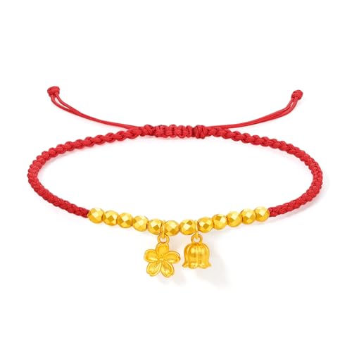24K Real Gold Bracelet Lily Flower Solid Gold Beaded Red Braided Bracelets with Jewelry Box for Her Women Friends Wife Lady Lover Anniversary Birthday 16+6cm A1712698