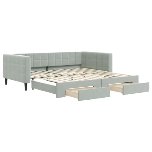vidaXL Tagesbett, Ausziehbar Schlafsofa mit Schubladen Matratzen, Bettsofa Gästebett für Schlafzimmer Wohnzimmer, Sofa Bett Ausziehbett, Hellgrau 100x200 cm Samt