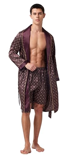 Image of TONY AND CANDICE Men's Satin Robe Lightweight Long Sleeve Silk Kimono Bathrobe with Shorts Set Sleepwear