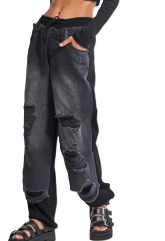 Womens Stitching Ripped Denim Trousers Drawstring Elastic Waist Wide Leg Jeans Casual Loose Denim Pant with Pockets