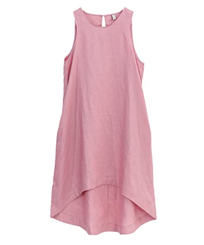 Image of Amazhiyu Women's 100% Linen High Low Midi Dress with Pocket | Summer Casual Flowy Dresses, Sleeveless Crewneck Dresses, Solid Color