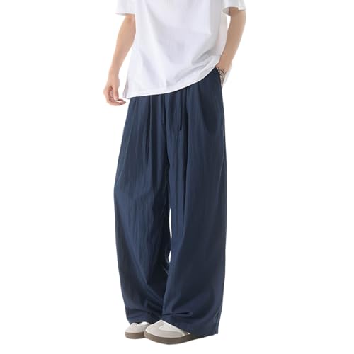 Men's Casual Pants Summer Ice Silk Imitation Linen Drape Straight Wide Leg Mopping Trousers for Everyday