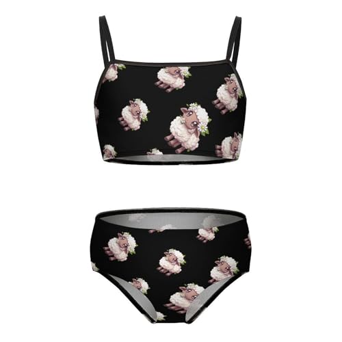 Cute Sheep with Flower Girls Swimsuits Two Piece Bikini Sets Beach Sport Swimwear Bathing Suit