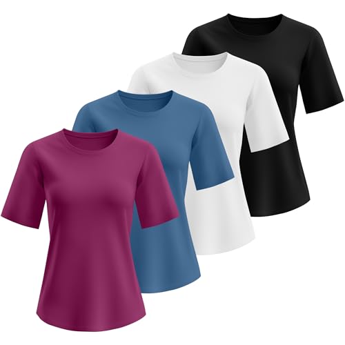Neer 4 Pack Women's Half Sleeve Top Elbow Length T Shirt Oversized Round Neck Cotton Tee Summer Casual Tops2