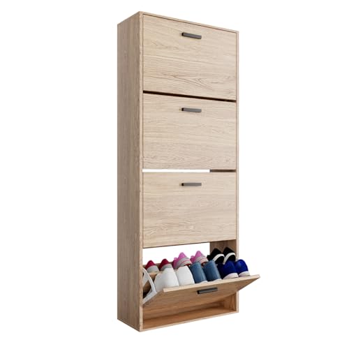 CASABEL Meuble de Rangement à Chaussure 24 Paires - Armoire Etagere Grande Capacité pour Entree, Couloir - L60xP24xH150 cm - Bois Clair