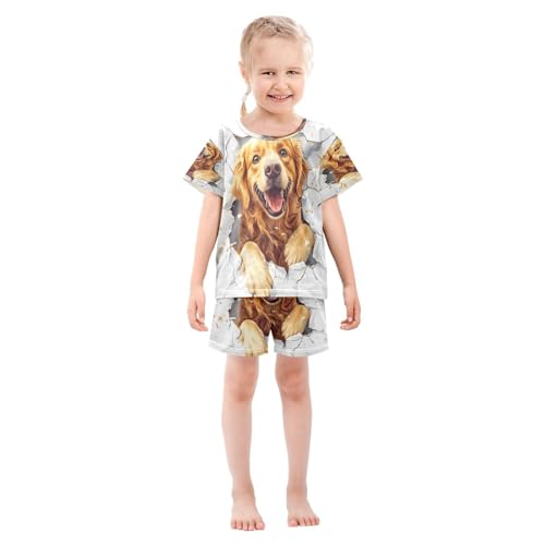 ALAZA Golden Retriever Puppy Dog White Pajamas Set Short Sleeve Cotton Sleepwear Summer Pjs 2 Piece 5-14Y3