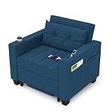 DURASPACE 36.6' Futon Chair Bed Convertible Chair 3-in-1 Pull Out Sleeper Reading Chair Beds with USB, Armchair Sleeper Bed for Living Room, Dorm, Small Space (Blue Linen)