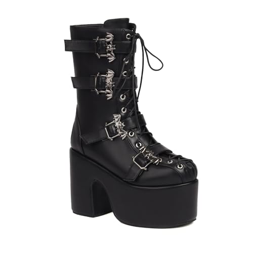 Women's Goth Bat Buckle Lace Up Ankle High Boots Closed Square Toe Chunky High Heeled Strtetch GoGo Boots Side Zipper Mid Calf Boots Platform Heels Daily Wear Booties