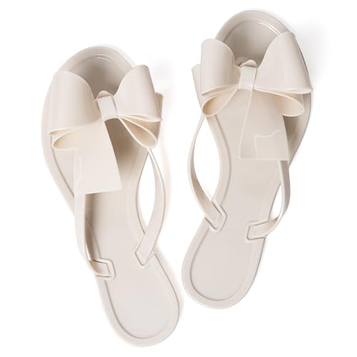 Image of Mtzyoa Women Flip-Flops Flat Sandals Jelly Bow Beach Flat Rivets Rain Cute Dressy Summer Sandals