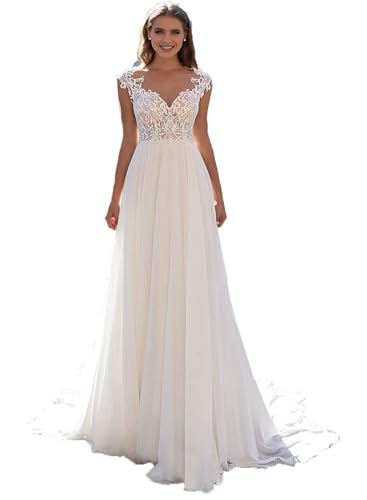 Beyonddress Damen Chiffon Brautkleider Spitze Appliques Lang Hochzeitskleid Boho Brautmode...