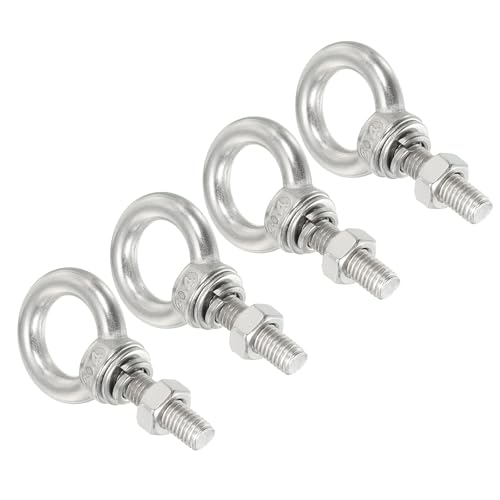 Image of uxcell M8*30 5 /16 inchx1.18 inch Stainless Steel Eye Bolts Threaded Screw Eyebolt Shoulder Ring with Nuts Washers for Lifting Hanging, 4 Set