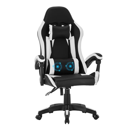 OFCASA Chaise Gaming Ergonomique, Fauteuil Gamer avec Lombaire Massage et Appui-tête, Siege Gaming Pivotant Haut Réglable, Chaise Gaming d'Ordinateur Respirant Cadeau (Blanc)