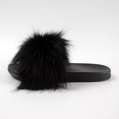 Image of MH Bailment Womens Furry Fluffy Slippers Faux Fur House Slippers Open Toe Fuzzy Slides Soft Flat Slip On Sandals for Indoor Outdoor