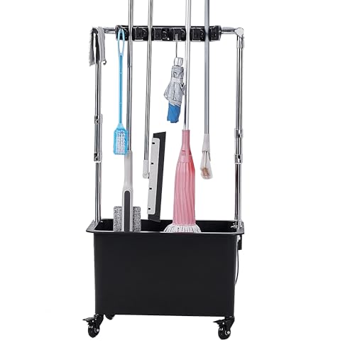 Cubo para trapeador y Soporte para escobas, Suministros de Limpieza, Organizador de Herramientas de jardín, Carrito de Limpieza con Ruedas, Armario para escobas