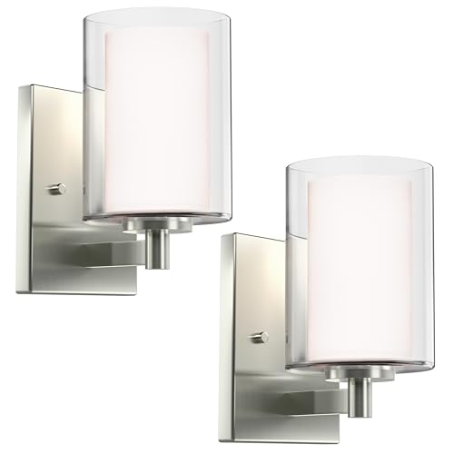 Kalium Wall Sconces Set of Two Modern Vanity Lights with Double Clear Glass Shade Brushed Nickel Indoor Farmhouse Wall Light for Bathroom Living Room Bedroom Mirror Hallway Bulb E26 Base (2PCS)