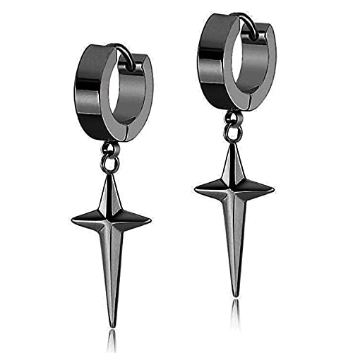 ANDPAI Personalized Punk 316L Stainless Steel Cross Star Hoop Dangle Drop Earrings Small Black Kpop Stainless Steel Geometry Huggie Hoop Earrings for Men Women Statement Jewelry Gifts