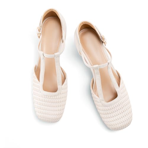 Lhamo Latso White Closed Toe Heels for Women Dressy Low Chunky Heel Square Toe Mary Jane Shoe Pumps Dress Shoes Dance Short Heels Size 8