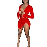 SUZONANA Sexy Two Pieces Outfit for Women Clubwear Long Sleeve Crop Top and Mini Skirt Set Lace Up Tie Dye Bandage Open Front Swimsuit Red M