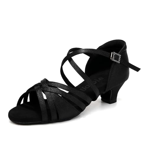 Uonpie Chaussures de Danse Fille Latine Salsa Tango Professionnel Pratique Chaussure de Danse 4cm Talon,Noir,33 EU
