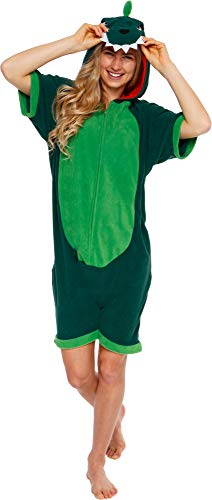 Silver Lilly Dinosaur Short Sleeve Animal Pajamas - Plush Adult One Piece Summer Cosplay Costume (Small) Green